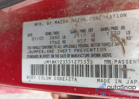 2005 Mazda Mazda3 S z USA, uszkodzony, nr VIN JM1BK123551275333